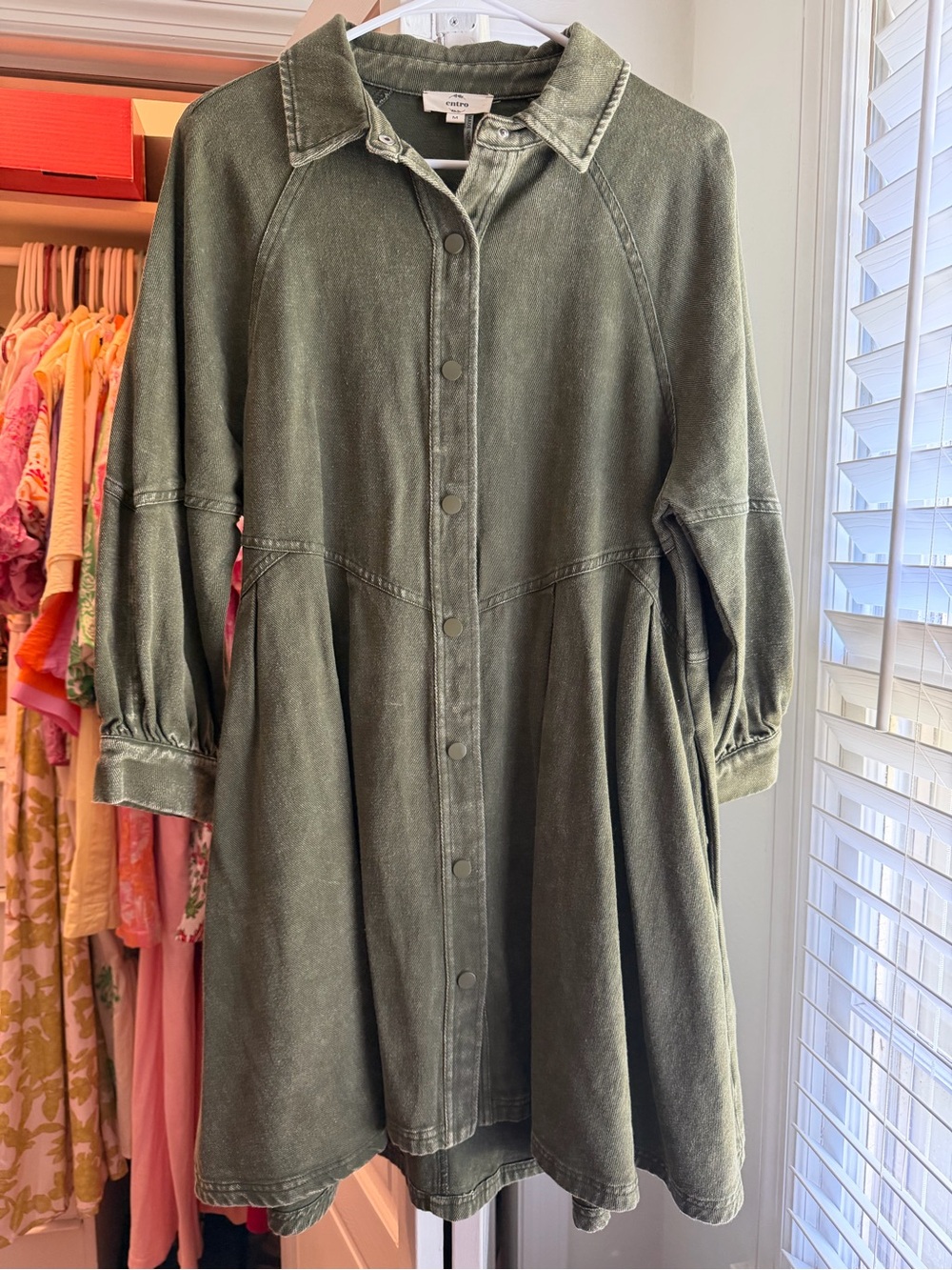 Washed OliveSnap Button-Front Corduroy Dress
